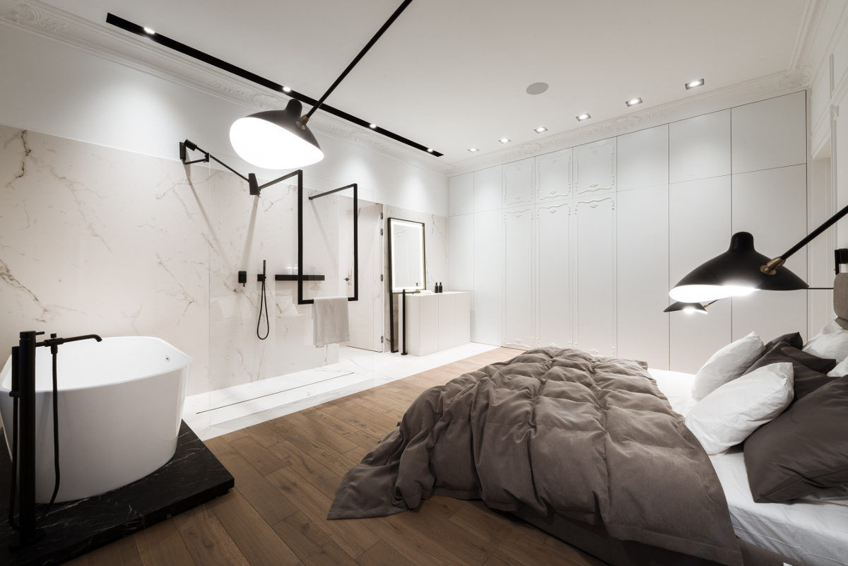 Otwarta łazienka z przeszklonym prysznicem | proj. Nasciturus design