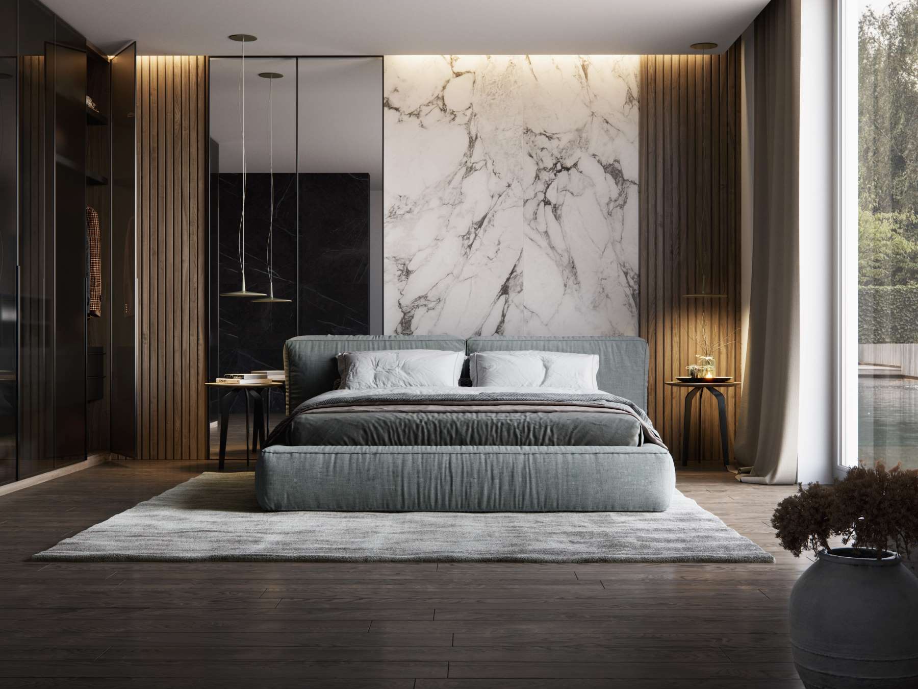Aranżacja sypialni z drewnem i marmurem w formie płytki wielkoformatowej