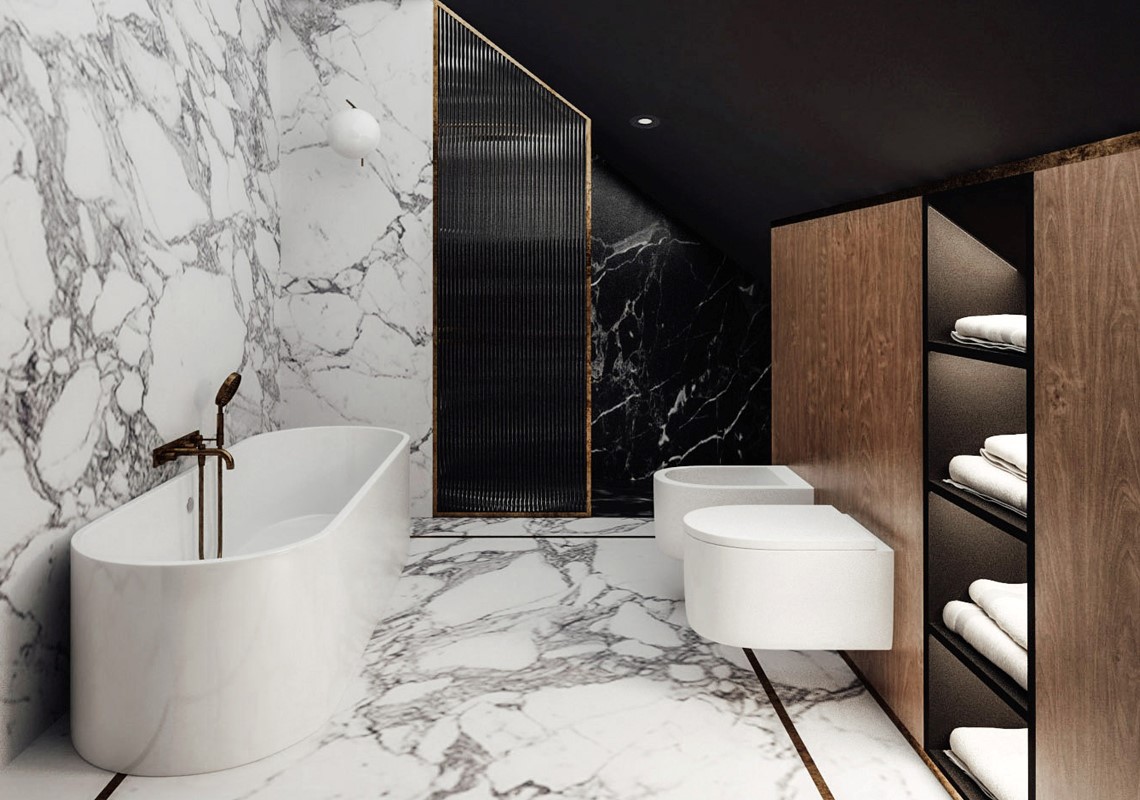 Marmurowa łazienka z drewnem | proj. Bold Design