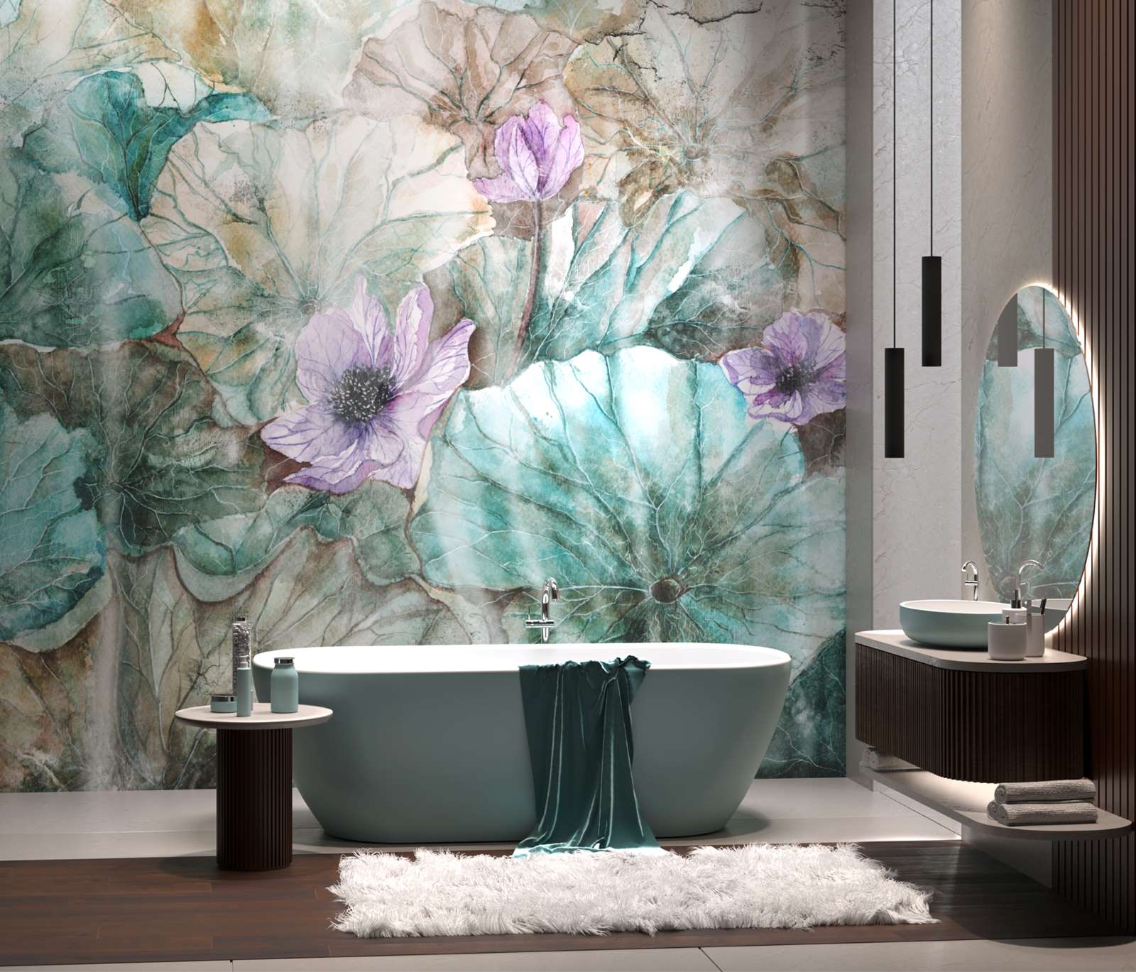 Tapeta wielkoformatowa Ophelia Wallcraft w aranżacji łazienki (produkt dostępny w showroomach z Grupy Internity Home)
