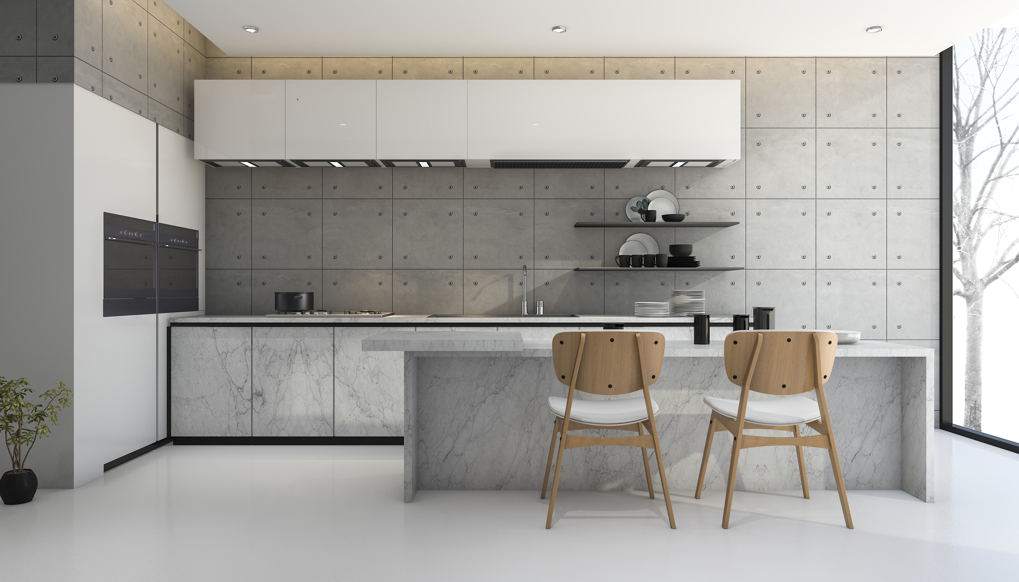 3d rendering loft and modern concrete kitchen
