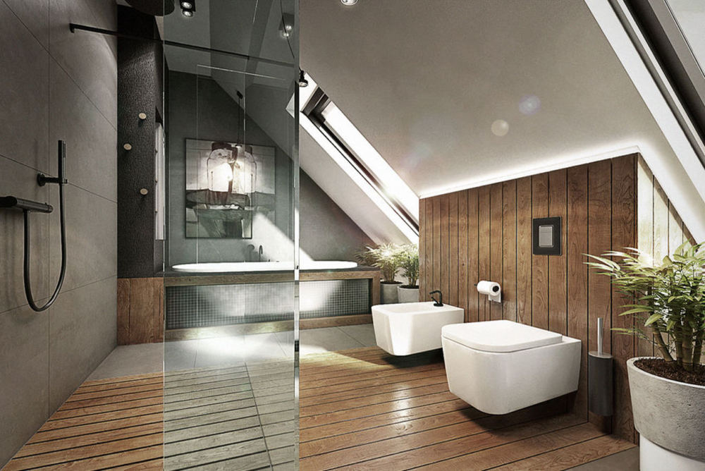 Drewno i beton w łazience / proj. razoo-architekci
