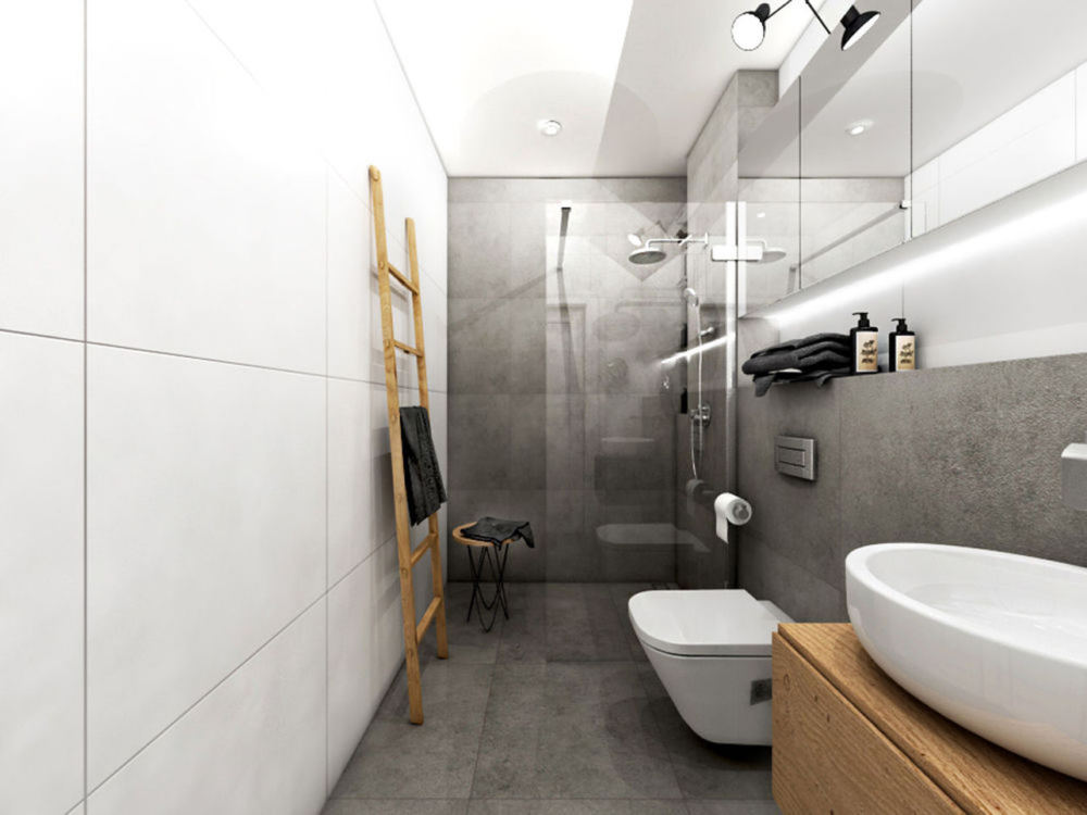 Płyty z betonu architektonicznego to ciekawy sposób na szarą łazienkę / proj. Pracownia Freedom